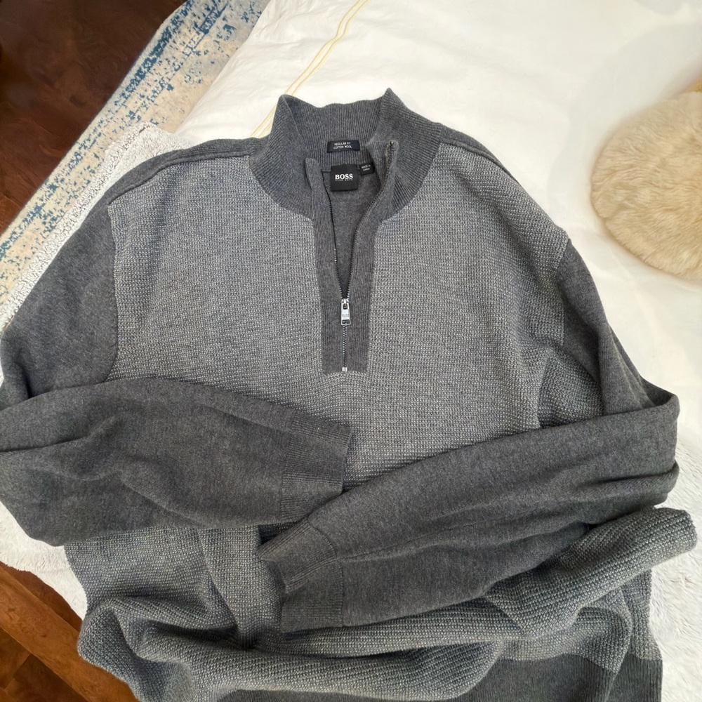 BOSS Men's Charcoal Zip-Up Sweater